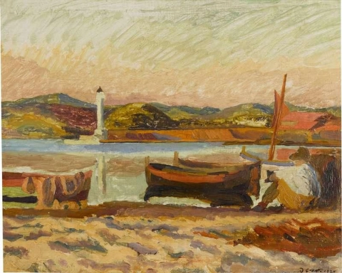 Küstenlandschaft mit Figur und Boot 1927