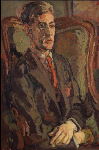 Retrato de Peter Morris sentado en un sillón orejero hacia 1928