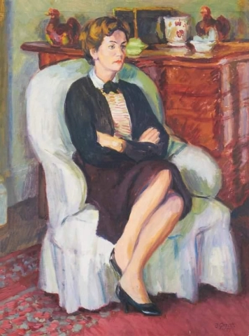 Portrett av hertuginnen av Devonshire sittende i et interiør 1959