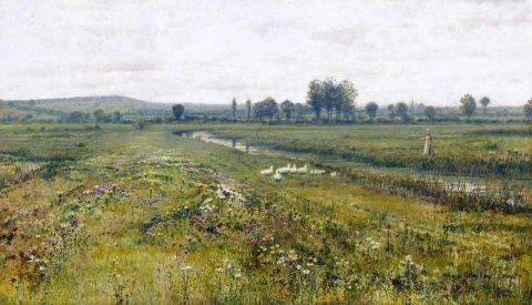 Un vasto paesaggio di prati con oche vicino a un ruscello 1892