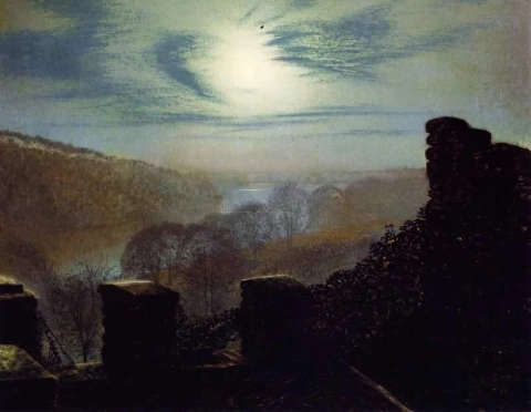 Полная луна за перистыми облаками с зубчатыми стенами замка в Раундей-парке, 1872 год.