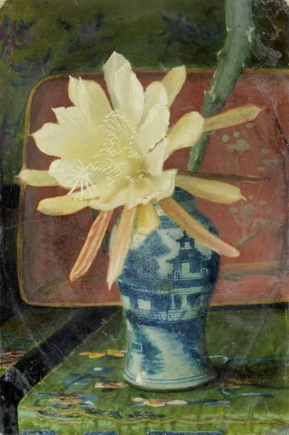중국 파란색과 흰색 꽃병이 있는 정물 1876
