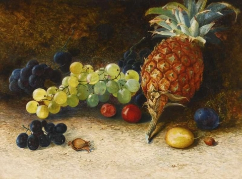 Asetelma ananasrypäleiden pähkinöiden ja luumujen kanssa 1862