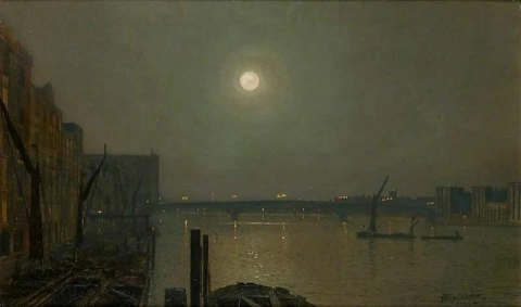 Utsikt over Battersea Bridge om natten 1882