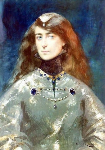 Portrett av en dame i middelalderdrakt 1900