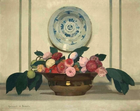 Натюрморт с цветами и фарфоровой тарелкой