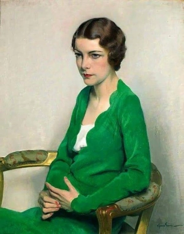 Porträt einer Dame in einem grünen Kleid 1929