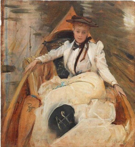 Uma senhora reclinada em um barco