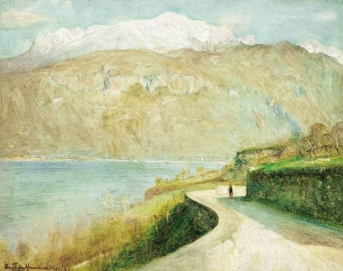 Figura caminando por la orilla del lago Como Italia 1913