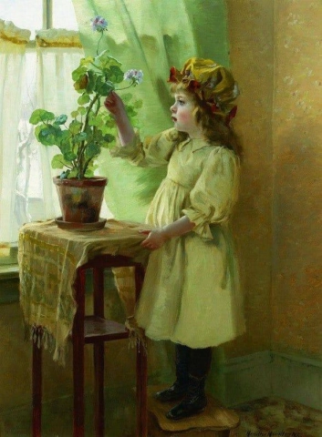 Chica joven en verde con geranios