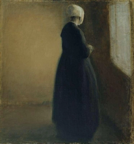 Vanha nainen seisoo ikkunan vieressä 1885