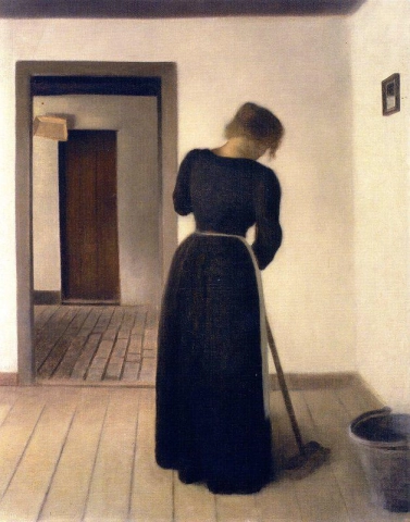 室内，一位年轻女子正在扫地，1899 年