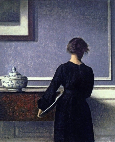 Innenansicht einer jungen Frau von hinten, 1904