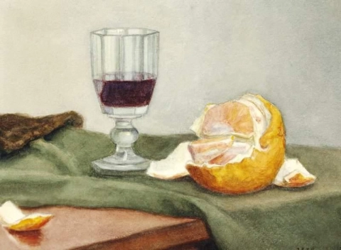 Asetelma lasilla, punaviinillä ja kuoritulla appelsiinilla 1877-78
