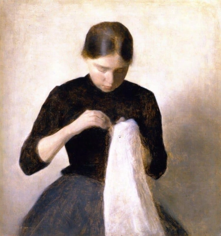 若い女の子の裁縫。アンナ・ハンマースホイ「芸術家の姉妹」1887年