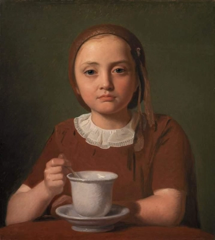 Porträt eines kleinen Mädchens Elise Kobke mit einer Tasse vor ihr