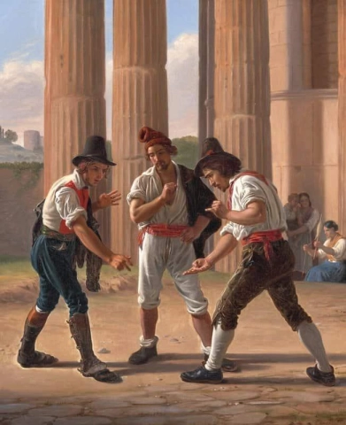 Drei römische Morra-Spieler vor dem Tempel der Vesta
