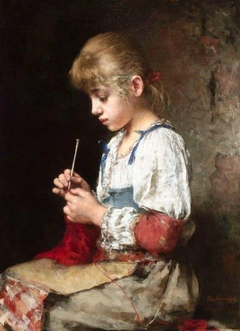 뜨개질을 하고 있는 어린 소녀