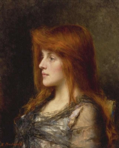 Eine junge Frau mit kastanienbraunem Haar