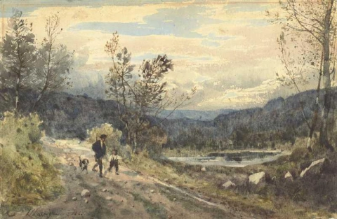 ハンターのいる風景 少年と犬 1863