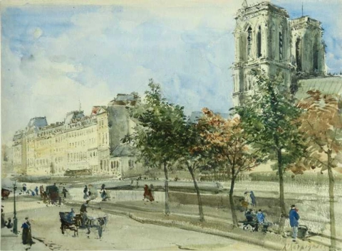 Uitzicht op Le De La Cite met de Notre-Dame-kathedraal, Parijs, ca. 1860
