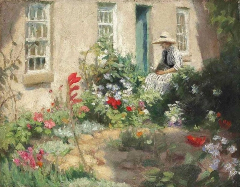 Een vrouw die in een tuin leest, ca. 1900