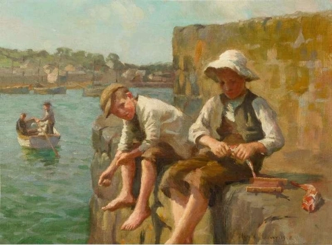 Jongens vissen op een kade, 1908