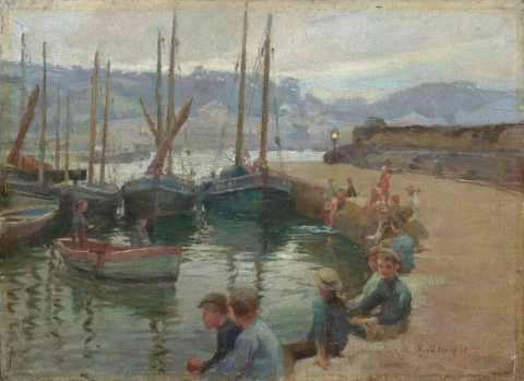 Ragazzi sul muro del porto di Penzance 1906