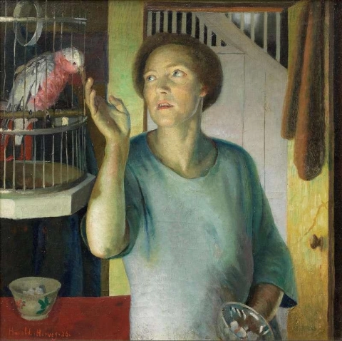 Gertrude Harvey met papegaai in het huis van de kunstenaar, 1916
