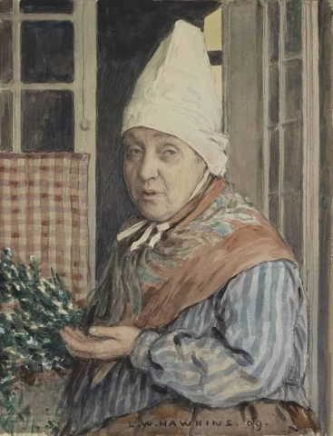 En bondekvinne foran et vindu