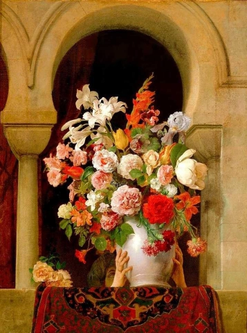 باقة هايز فرانشيسكو مزهرية من الزهور تضعها امرأة في نافذة الحريم