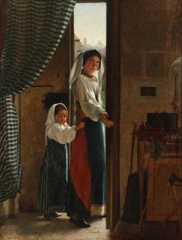 Een Italiaanse vrouw en haar kind staan in de deuropening van het atelier van de kunstenaar, 1851-53