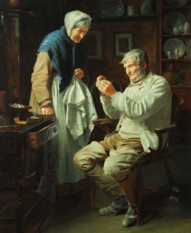 Interiørscene med eldre par han trer en nål - The Best Eyes Of The Two 1883