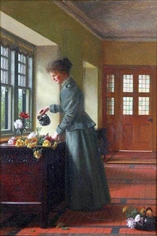امرأة بجانب النافذة مع الزهور، حوالي عام 1897