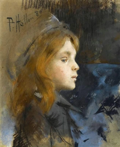 Porträtt av en ung flicka som bär en basker 1880