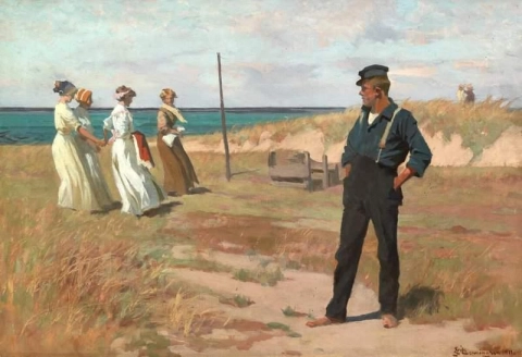 Escena de playa con un joven pescador observando a cuatro mujeres elegantes con vestidos fluidos, 1911