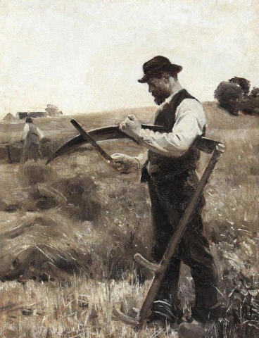 Escena de cosecha con un granjero y su guadaña