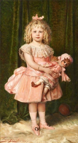 Ung jente i rosa og hennes matchende dukke 1888