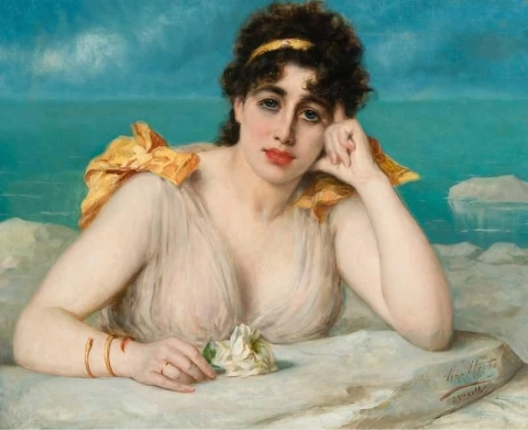 Mujer frente al mar sosteniendo una rosa blanca