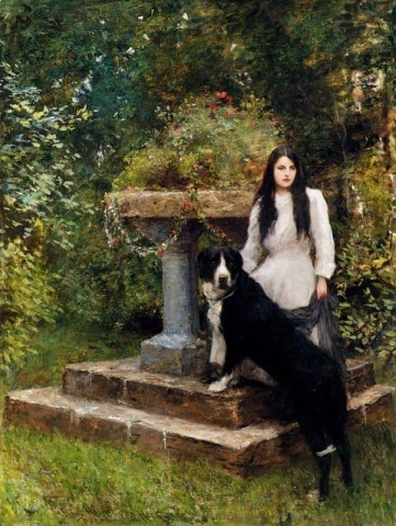 Ein junges Mädchen und ihr Hund 1910