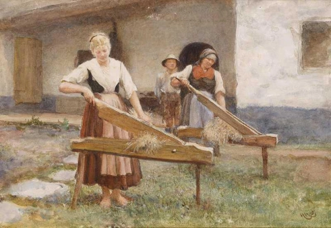 Junge Bauernmädchen brechen Flachs