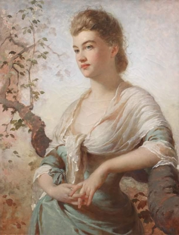 Porträt einer Dame in einem weißen und grünen Kleid, die sich auf einen Ast stützt, 1881