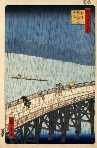 Plotselinge regenbui boven de Shin-ohashi-brug en Atake