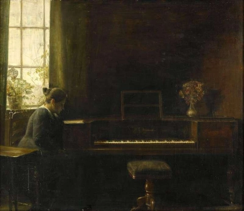 Interiör Med Sittande Kvinna Vid Pianot
