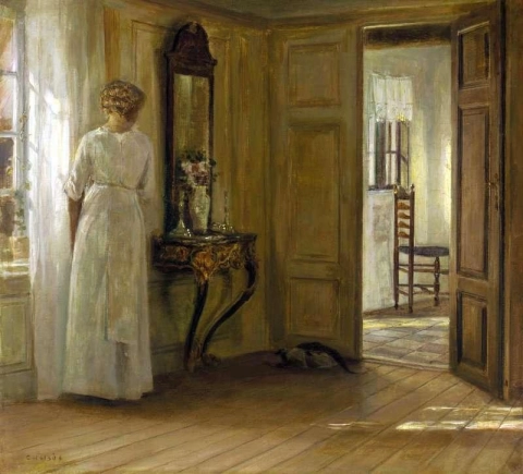 Interior con una dama y un gato.