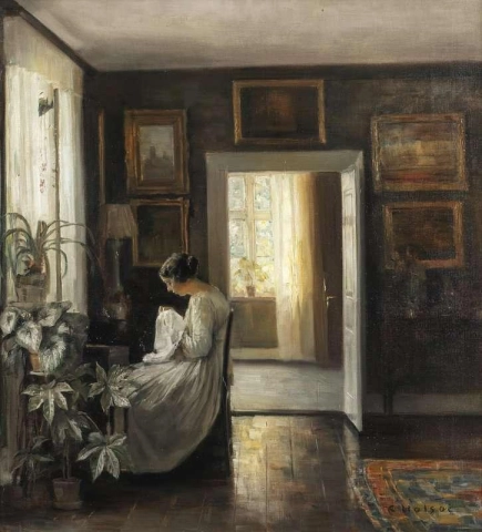 Interior con una mujer bordando.
