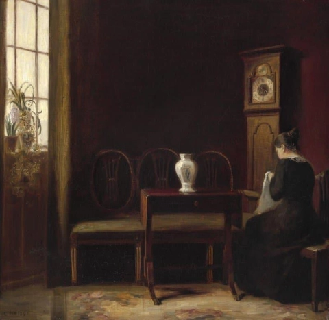 Interior With A Young Woman Sewing