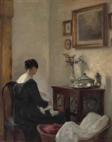 Interior With Mother And Child. On The Chest Of Drawers A Still Life With Flowers In A Vase Silver Dish And Jug And Tureen