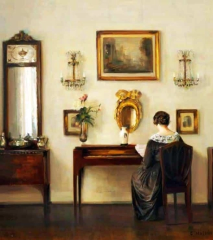 Interieur met de vrouw van de kunstenaar aan de piano