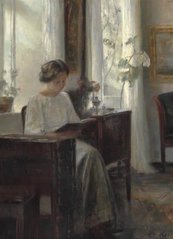 Interior con la esposa del artista leyendo junto a la ventana.